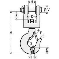 A = Altezza totaleB = Altezza utileD = Ø int. gancioF = Apertura G = Altezza talloneH = Larghezza utileV = Ø