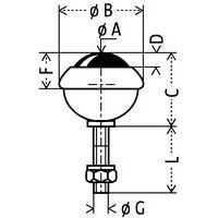 - Ø A: Ø sfera- Ø B: Ø totale- C: altezza totale- D: superamento della sfera- F: superamento totale- Ø G: foro- L: fissaggio lunghezza