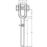 A  = Lunghezza gambo B = Altezza interna C = Larghezza interna D1 = Ø bullone D2 = Taglia filettaturaL = Lunghezza filettatura