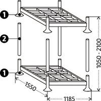 1 - base Manurack consegnata di serie: 1 ripiano + 4 piedi2 - 4 supporti di impilaggio per sovrapporre 2 basi (supporti non consegnati, opzionali)