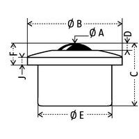 Sfera con carter lavorato:- Ø A: sfera Ø- Ø B: Ø totale- C: altezza totale- D: superamento della sfera- Ø E: Ø utile- F: superamento totale- J: piastrina sp.