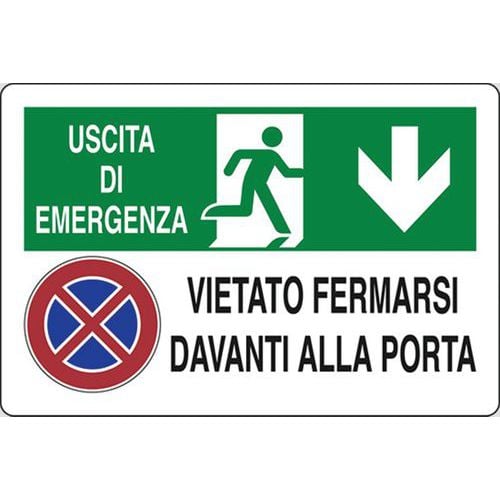 Cartello di emergenza - Uscita di emergenza vietato fermarsi davanti alla porta