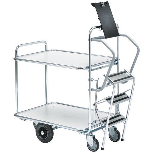 Carrello per preparazione degli ordini con scala - 2 ripiani -Portata 300 kg