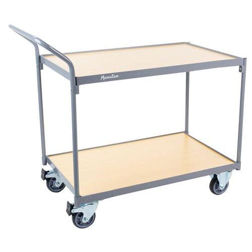 Carrello con 2 ripiani in legno - Portata 250 kg - Barra verticale - Manutan Expert