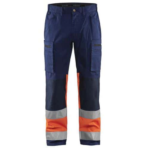 Pantaloni per artigiano stretch ad alta visibilità blu marino/arancione fluorescente