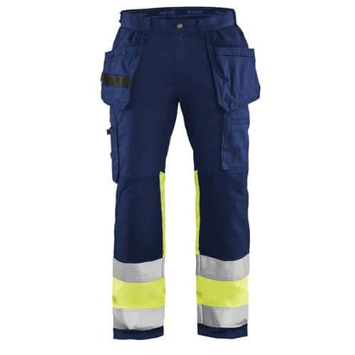 Pantaloni per artigiano stretch ad alta visibilità blu marino/giallo fluorescente con tasche e cintura