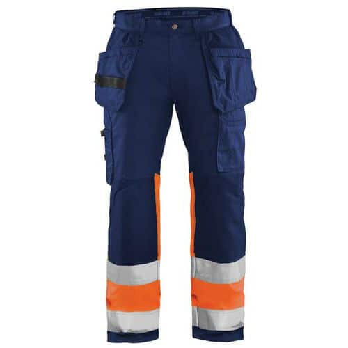 Pantaloni per artigiano stretch ad alta visibilità blu marino/arancione fluorescente con tasche e cintura