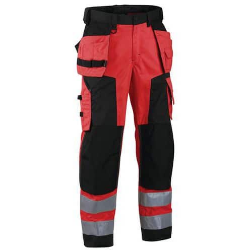 Pantaloni per artigiano softshell ad alta visibilità rosso fluorescente/nero