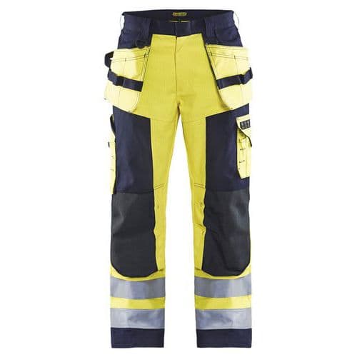 Pantalone artigiano multinorma giallo/blu, tasca sulla gamba con patta