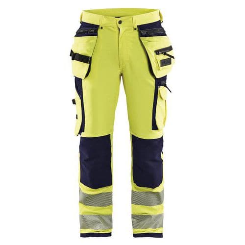 Pantaloni stretch 4D ad alta visibilità giallo fluorescente/blu marino