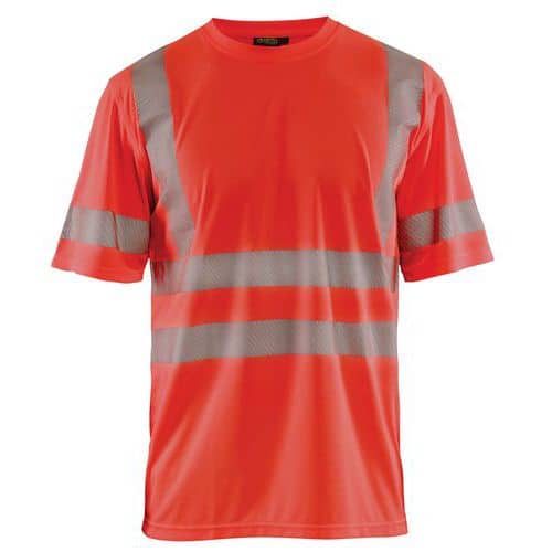 T-shirt anti-UV ad alta visibilità rosso fluorescente, collo rotondo