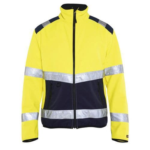 Giacca Softshell alta visibilità giallo fosforescente/blu, collo alto