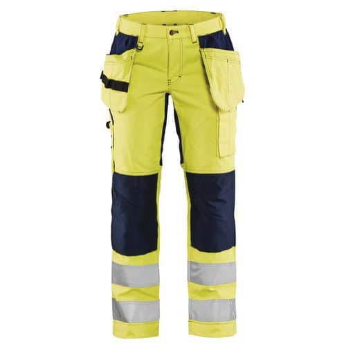 Pantaloni stretch ad alta visibilità da donna giallo fluorescente/blu marino