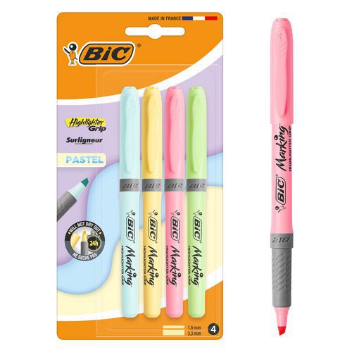 Evidenziatore Highlighter Grip - Colori pastello assortiti - Lotto da 4 colori - Bic