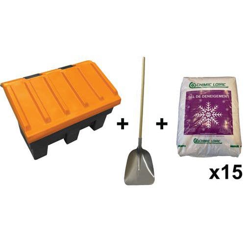 Kit neve: 15 sacchi di sale da 25 kg + 1 contenitore per sale + 1 pala da neve gratis